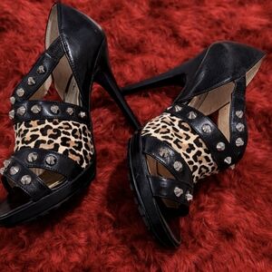 Michael Kors Studded Black and Leopard Print Women's Heels Size 8